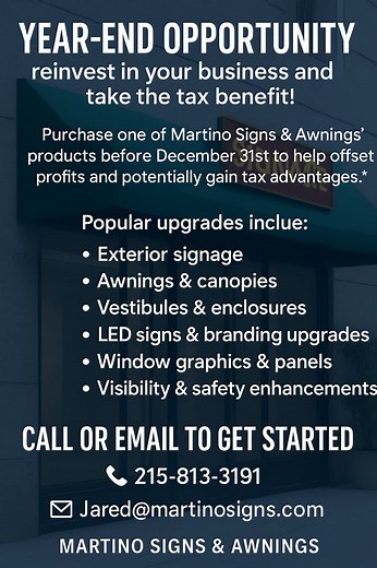 Thinking about upgrading your storefront, building, branding, or outdoor space? Get it done before December 31st. Popular upgrades: • Exterior signage • Awnings & canopies • Vestibules & enclosures • LED signs • Window graphics • Safety & visibility enhancements We handle everything in-house... design, engineering, fabrication, permitting and installation. 📅 Lead times are limited. Call or email to get started: 📞 215-813-3191 📧 Jared@martinosigns.com Martino Signs & Awnings #MartinoSigns #Awn