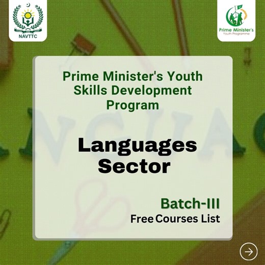 National Vocational and Technical Training Commission (NAVTTC) on Instagram: "Unlock new opportunities with FREE courses in the Languages Sector, offered by NAVTTC under the Prime Minister’s Youth Skills Development Program (PMYSDP) Batch III! Build global communication skills with courses like: • Korean Language (EPS/TOPIK Level-1) • Japanese Language (JLPT N5 Cert) • English Language (IELTS/PTE B1–B2 CEFR) • Functional Arabic (Elementary Level) • Chinese Language (HSK 1 & 2) • Russian Language