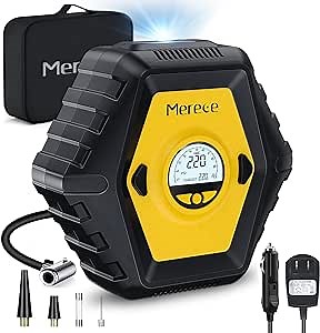 Merece Tire Inflator Air Compressor - Cordless Rechargeable Car Tire Pump Portable Air Compressor for Car Tires Bike & Other Inflatables, AC/DC 12V Auto Stop Air Pump with Pressure Gauge 150PSI Max