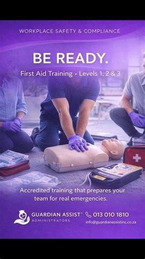 When an emergency happens, there is no time to Google what to do. Workplace accidents, medical emergencies and unexpected incidents demand trained, confident action — not panic. That’s why first aid training isn’t just a box to tick, it’s a responsibility. At Guardian Assist Administrators, we offer accredited First Aid Training (Levels 1, 2 & 3) designed for real-world situations, not just theory. Our training prepares your team to: ✔ respond quickly and correctly ✔ meet workplace safety and co