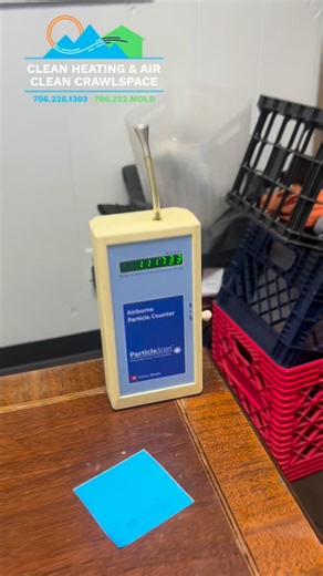 We’re using our ParticleScan to test the air in the office before and during usage of the IQAir Atem X. This reads a particulate count per cubic foot of air, and you can see it bump down to zero in real time! #indoorairquality #hvac #hvaclife #breathe #dalton @iqair | Clean Heating and Air, Crawlspace, and Pest