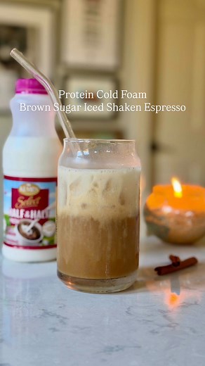 PROTEIN COLD FOAM Brown Sugar Iced Shaken Espresso! #ad 2 ingredients—@kempscows Half-and-Half and your favorite vanilla whey protein powder—are all you need for a thick, frothy, protein-packed cold foam that instantly makes any morning feel festive!! This homemade shaken espresso is a little coffee moment worth celebrating. It’s sweet, creamy, and layered with cinnamon-spiced flavor. #holidayrecipes FOR THE SHAKEN ESPRESSO -4 oz (1/2 c) espresso or very strong coffee -1 tsp brown sugar -1 tsp p
