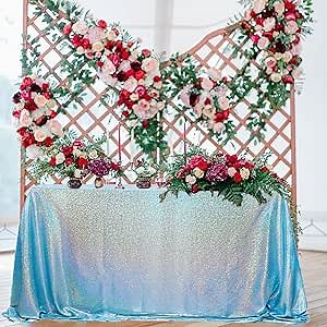 FUHSY Aqua Blue Tablecloth Rectangle 90x132 inches Turquoise Sparkly Sequins Table Cloth Glitter Tablecloth Runner for Wedding Banquet Prom Decor Mermaid Sequin Table Overlay Holographic Tablecloth