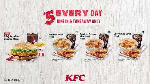 Who says that you can’t have a good meal with $5? At KFC, our $5 Super Value Meal comes with real meat, real flavour, and real goodness! Choose from: 🍔BBQ Tenders Burger, 🥔Famous Potato Bowl, 🍗Original Recipe Rice Bowl, or 🥘Curry Rice Bowl Each comes complete with sides and a regular drink, only at $5! Enjoy great value every day at KFC. Only available for dine-in and takeaway. Order on KFC App to skip the queue! #KFCsg #KFCFriedFam #dontsaybojio | KFC