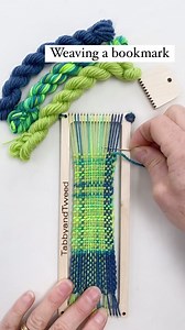 Weaving with a vibrant green hand dyed yarn on a bookmark loom - perfect for making little gifts. Our weaving kits can be purchased from our TabbyandTweed website shop for UK delivery and our TabbyandTweed Etsy shop for delivery elsewhere. #yarncrafts #weavingkit #giftmaking #bookmark #wovenbookmark #handdyedyarn | TabbyandTweed