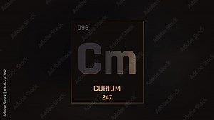 Curium as Element 96 of the Periodic Table. Seamlessly looping 3D animation on grey illuminated atom design background with orbiting electrons. Design shows name, atomic weight and element number