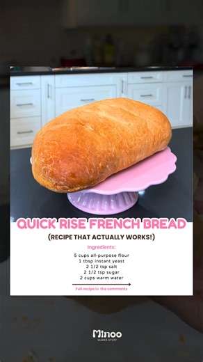 If you’ve ever thought homemade bread takes all day, this French bread recipe is about to change your mind. Three simple steps, a quick rise, and you get that crusty golden loaf that looks like it came straight from a bakery. The best part is how soft and airy the inside turns out. Perfect for sandwiches, toast, or dipping into your favorite soup. And if the dough feels sticky, I recommend adding flour a tablespoon at a time until it’s just slightly tacky. Check the comments for the full recipe 