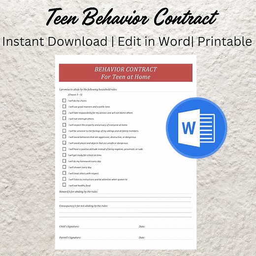 Teen Behavior Contract Template: Editable Agreement (word, PDF) - Etsy