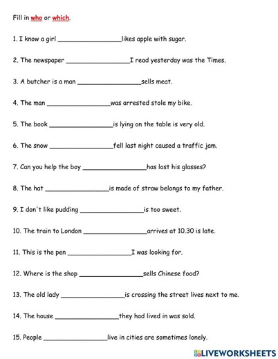 Relative Pronoun with who and which worksheet