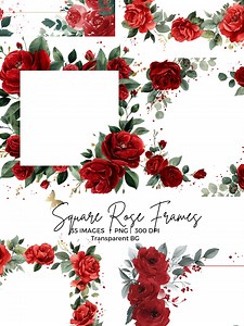 35 Red Rose Square Floral Frames PNG Clipart Bundle: Watercolor Valentine's Day PNG, Romantic Flowers Sublimation PNG, Commercial Use - Etsy