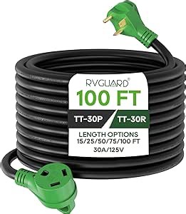 RVGUARD 25 Amp 100 Foot RV Extension Cord, Heavy Duty 10/3 Gauge STW Cord with LED Power Indicator and Cord Organizer, TT-30P/R Standard Plug, Green, ETL Listed
