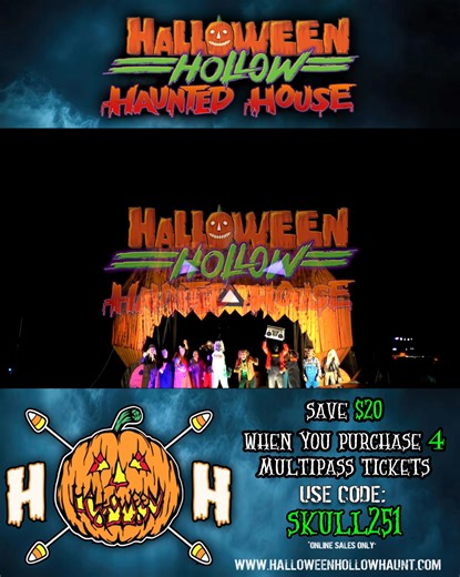 🎟️ Save $20 when you purchase 4 Multipass Tickets | Use Code: SKULL251 . Halloween Hollow Haunted House in Silver Point, TN returns for another epic season of SCREAMS and Halloween fun! With brand new attractions and experiences for 2025, your adventure to The Hollow is bigger, better and scarier than ever before. Visit Halloween Hollow Haunted House before it’s too late. . Attractions: . Haunted Houses: ☢️ Meltdown: Nuclear Nightmare (New for 2025) ⚰️ Dark Raven 📼 Video Slashback Rewind or DI