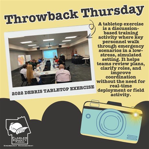 🔙 Throwback Thursday 🔙 2022 Debris Tabletop Exercise 💬🚧 A tabletop exercise is a discussion-based training that brings key team members together to walk through emergency scenarios in a simulated, low-stress setting. It’s all about reviewing plans, clarifying roles, and strengthening coordination—without stepping into the field. 👷‍♀️🗂️🛠️ #ThrowbackThursday #TabletopExercise #TeamTraining | Flagler County Emergency Management