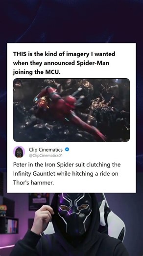 Spider-Man in Iron Spider Suit Clutching Infinity Gauntlet While Hitching a Ride on Thors Hammer