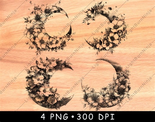 Floral Crescent Moon PNG Bundle | Boho Moon and Flower Clipart for Laser Engraving | Mystical Moon Wall Art Digital Design - Etsy