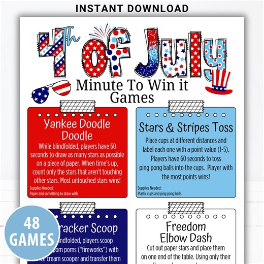 Printable 4th of July Minute to Win It Games | Summer Party 60 Second Games | 60 Second Summer Minute to Win It | Fun Easy 4th of July Games - Etsy
