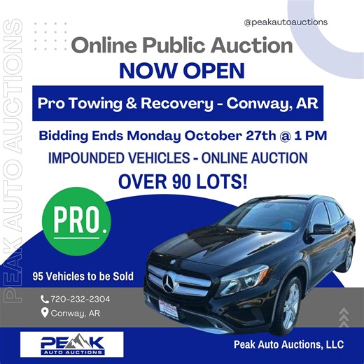 🚗 Bidding is now live! Check out our latest online auto auction and get your bids in before it closes Monday, October 27th at 1:00 PM. The countdown is on—start bidding now! #BidNow #autoauction https://www.peakautoauctionsar.com/auctions/11209-pro-towing-and-recovery-conway-online-auction | Peak Auto Auctions - Arkansas