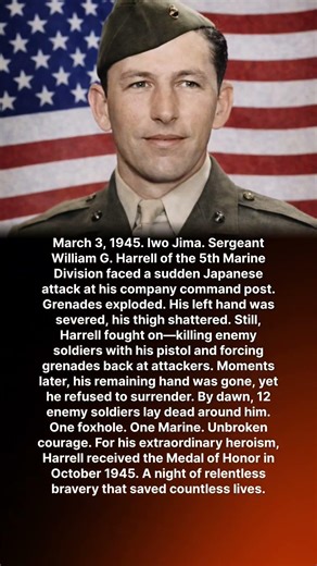 March 3, 1945. Iwo Jima. Sergeant William G. Harrell of the 5th Marine Division faced a