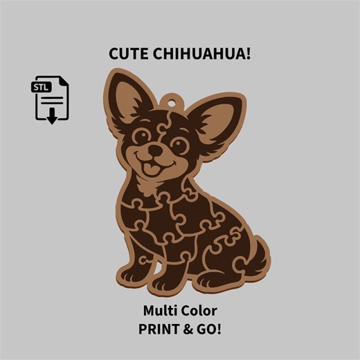 Chihuahua Keychain STL, Puzzle Style 3D Print File, Multi-Color Dog Charm