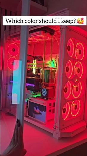 Help me pick the perfect color for my PC 😊💛🩷🩵#setup #gamingsetup #desksetup #rgblights #fyp