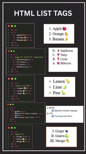 📋 HTML List Tags Explained 💡#html #htmllists #webdevelopment #frontend #learnhtml #beginners