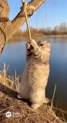 the scottish fold cat swing on rope…until he fall down🤣🤣🤣