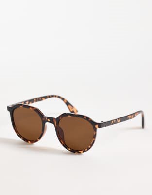 Pieces angular round frame sunglasses in tortoise shell print | ASOS