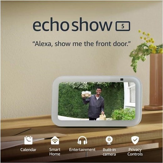 Echo Show 5 (Newest gen) | Smart display and alarm clock with clearer sound | White