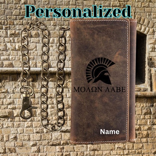 Molon Labe Fans Leather Wallet With Chain, Personalized Cards Holder, Molṑn Labé Gifts - Etsy
