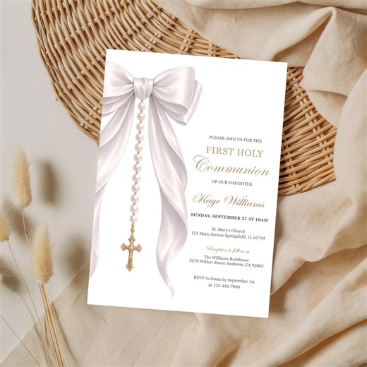 Elegant First Holy Communion Invitation Template, Ivory Bow Pearl Cross Design, Girl Religious Ceremony Invite,editable Canva Printable Card - Etsy