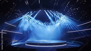 Bright blue lights illuminate an empty circular stage, creating an electrifying atmosphere in a concert venue before the performance begins
