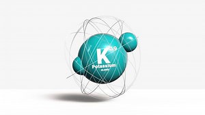 Potassium atom molecule K 19 atom model on white background vertical