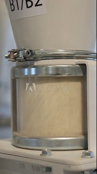 Vertical video. Modern flour mill. Manufacture of flour and cereals. Close up of wheat milling moving through the pipes. Production of wheat flour. Wheat flour milling equipment at the plant.