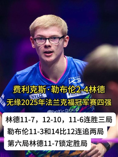费利克斯·勒布伦出局！林德4-2闯入法兰克福冠军赛四强 #费利克斯勒布伦 #WTT #法兰克福冠军赛 #林德 #乒乓球