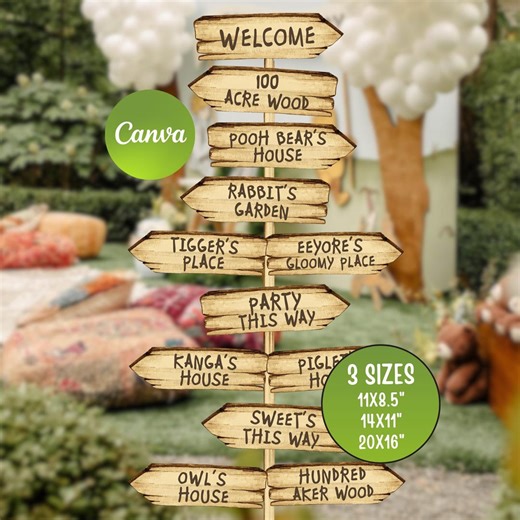 Editable Directional Arrow Signs, Classic Pooh Bear Party decor, Vintage Storybook Bear Party, Hundred Acre Bear Theme party, Canva Template