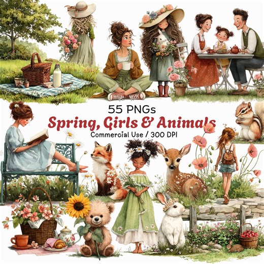 Whimsical Spring, Girls & Animals Clipart: Watercolor Graphics (digital Download – 55 Pngs) - Etsy