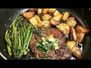 GARLIC BUTTER STEAK AND POTATO | RIBEYE STEAK POTATO AND ASPARAGUS