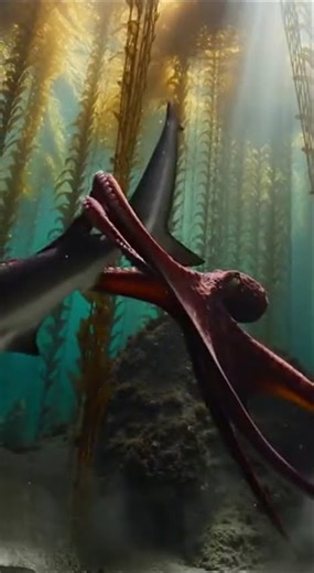 Giant Octopus Clashes With Shark in Kelp Forest