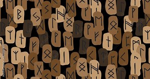 Animation with magic rune symbols. Runes looping seamless ethnic pattern. Ethnic runic alphabet, Futhark. Ancient norse occult symbols, black vikings letters on brown. 4K Video motion graphic