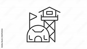 Animated military base icon. Command center line animation. Military facility. Border outpost. Security post. Black illustration on white background. HD video with alpha channel. Motion graphic