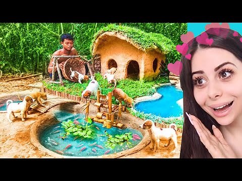 KIDS Build SECRET Primitive HOUSE for DOGS !