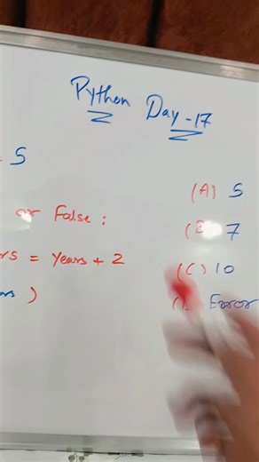 code with patel on Instagram: "Py Quiz 🧠 Day-17(Ans👇) Answer: 7 ✅ Short Explanation: True or False is always True, so the code adds 2 to the value of years. #python #pythonquiz #pythonprogramming #codingreels #learnpython #pythoncode #codingforbeginners #pythonbeginner #pythonlearning #developercommunity @_code_with_pate"