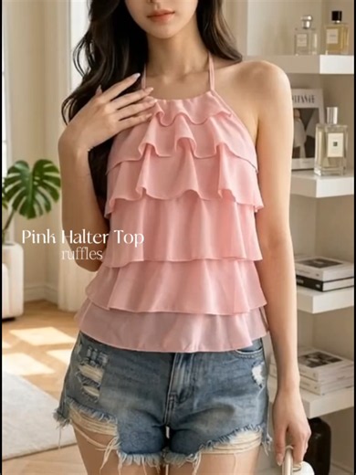 Chic Pink Ruffle Tiered Halter Top for Summer
