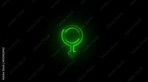 Animation neon female gender symbol on the black background. woman icon with dynamic neon line.