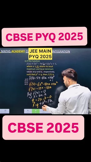 Shivang Gupta on Instagram: "JEE MAIN 2025 ( 2 April - Shift 1 ) Q) If the function 𝑓(𝑥)=2𝑥^3−9𝑥^2+12𝑎^2 𝑥+1, where 𝑎0, attains its local maximum and local minimum values at 𝑝 and q , respectively, such that p^2=q, then 𝑓(3) is shortcut of limit as a sum Odd even property definite integration jee mains 2025 pyq jee mains 2025 maths pyq solution jee advanced 2023 paper solution maths class 12 maths integration integration most important questions jee integration class 12 extra questions