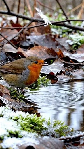 Bird Drinking Water in Late Autumn Forest ❄️ Ultra Realistic 8K Nature Relaxation | First Snow