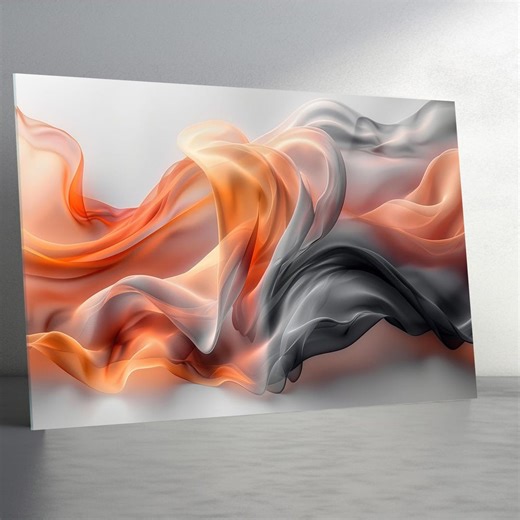 Tempered Glass Wall Art :orange Gray Abstract Wave Wall Decor, Luxury Modern Fluid Art,extra Large Wall Art,stained Wall Panel - Etsy