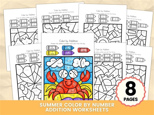 Summer Color by Number Addition Worksheets, Color by Addition Printable, Kids Math Coloring Pages, First Grade Math Activity