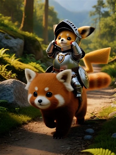 A cute Pikachu takes a walk on a red panda. #cute #pikachu