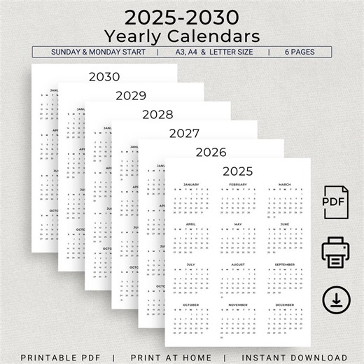 2025 to 2030 Calendar 2025-2030 Yearly Calendar Printable 6 Years Calendar Minimalist 2025 2026 2027 2028 2029 2030 Download A3 A4 Letter - Etsy